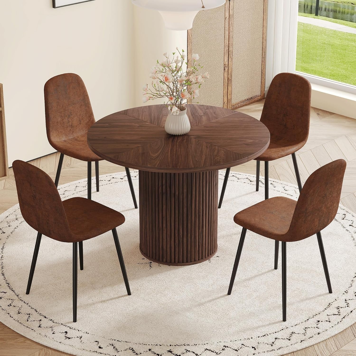 round Dining Table Set for 4, Wooden round Table 5-Piece with Modern Farmhouse Dining Table and 4 Suede Leather Chairs for Kitchen Dining Room, Walnut Table + 4 Brown Chairs