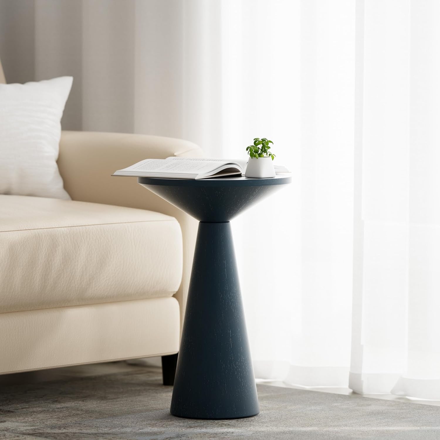 Small Pedestal End Table round Farmhouse Martini Table Wood Plant Stand Rustic Drink Table for Small Space Living Room, Dark Blue