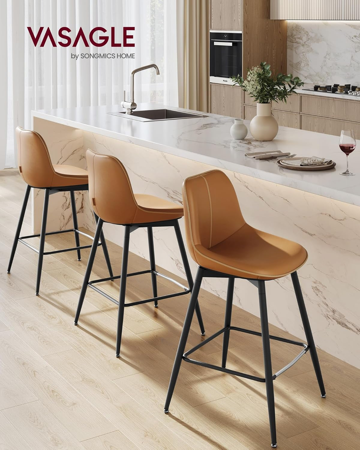 Bar Stools Set of 2, Counter Height Bar Stools with Back, Ergonomic Backrest, Synthetic Leather, Metal Legs, 24.8-Inch Tall Barstools for Kitchen Island Home Bar, Easy Assembly, Caramel Brown