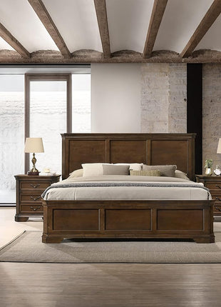 Maderne Traditional King Wood Panel Bed Set with Dresser, Mirror, Two Nightstands, and Chest in Antique Walnut Finish