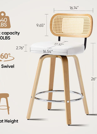 Set of 2 Mid-Century Modern Natural Rattan Bar Stools with Upholstered PU Leather, 26” Counter Height, Backrest, Wood Legs, and 360° Swivel for Kitchen Island, Dining Room, and Bar (White)