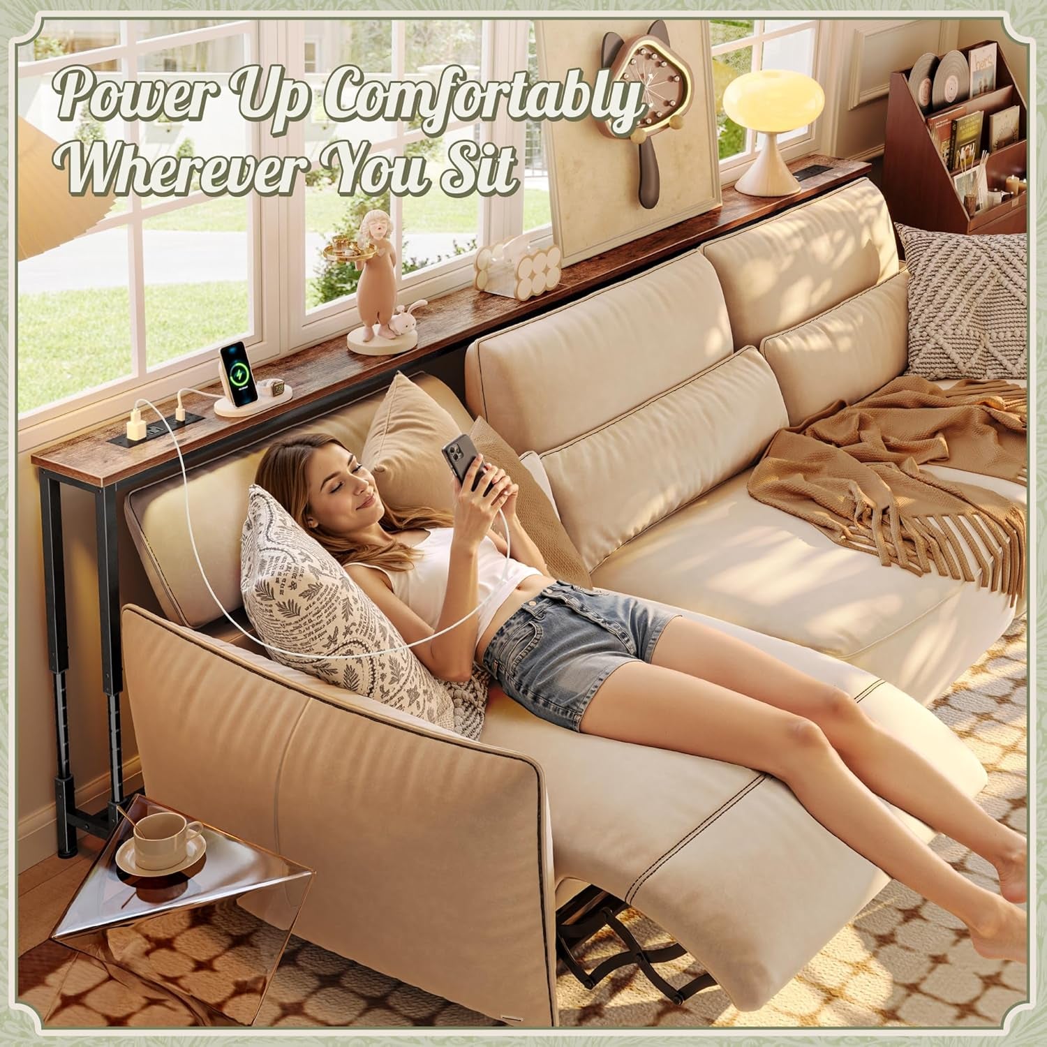 102.4 Inch Sofa Table with Power Outlets, 23.9’’-34.4’’ Height Adjustable Range, behind Couch Table with USB-C Ports, Sofa Tables Narrow Long, Skinny Console Table, Small Spaces, Rustic Brown