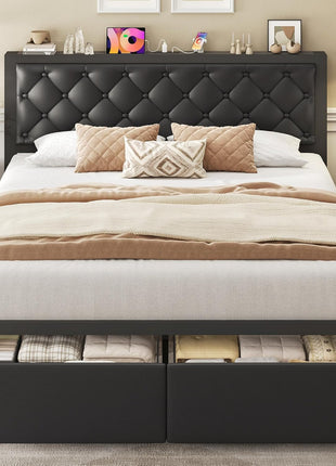 Queen Bed Frame with Upholstered Button-Tufted Headboard, Two Storage Drawers, Integrated Charging Station, Box Spring Not Required, Noise-Free Design, All-Metal Construction, Black