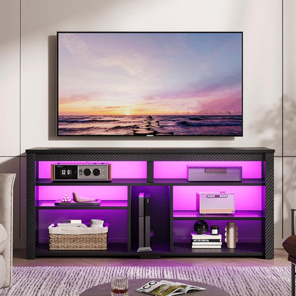 LED Tall TV Stand, Entertainment Center for 55/60/65 Inch TV, Gaming TV Console with Storage for PS4, Adjustable Shelf TV Cabinet for Living Room Bedroom, Carbon Fiber Black