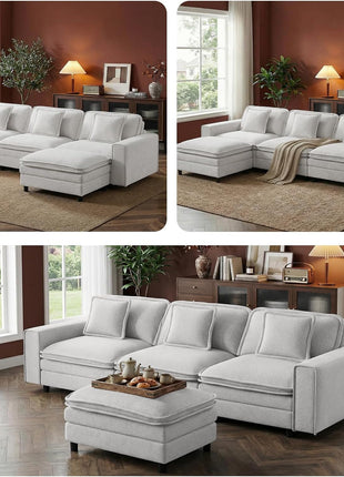107" Modular Sectional Sofa with Ottoman, Deep 4-Seat L-Shaped Couch, Beige Cloud Couch with Throw Pillows for Living Room
