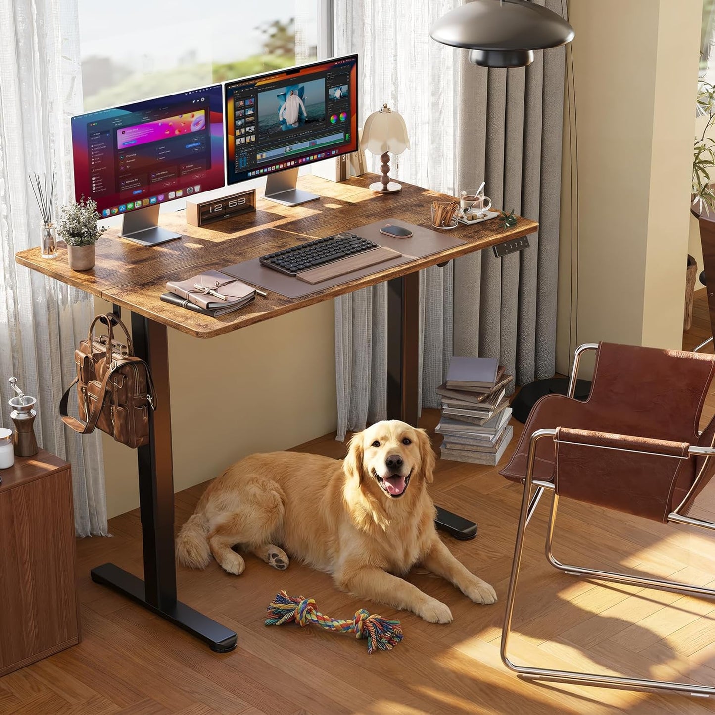 Electric Standing Desk, Adjustable Height Stand up Desk, 24X48 Inches Sit Stand Home Office Desk with Splice Board, Black Frame/Rustic Brown Top