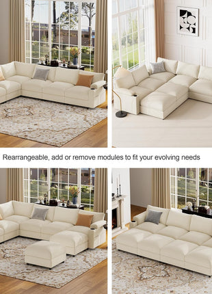 Luxurious FSC Certified Velvet U-Shaped Sectional Sofa - Oversized Convertible Sleeper Couch with Detachable Armrests, Seats Up to 6 in Chenille Beige
