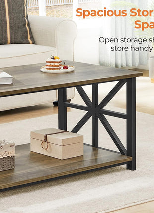 39-Inch Farmhouse Coffee Table with Storage Shelf and Rounded Corners - Gray Wash Finish, Space-Saving Design, Easy Assembly for Living Room