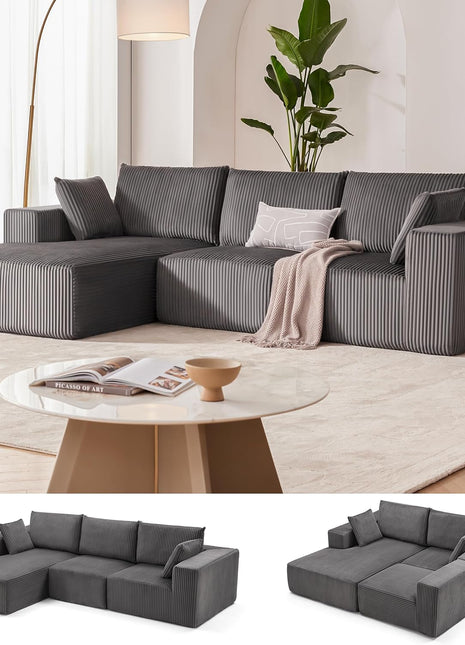 108-Inch Modular Sectional Sofa - Modern L-Shaped Cloud Couch with Deep Seat and Left-Facing Chaise, Upholstered for Living Room or Bedroom (Grey)