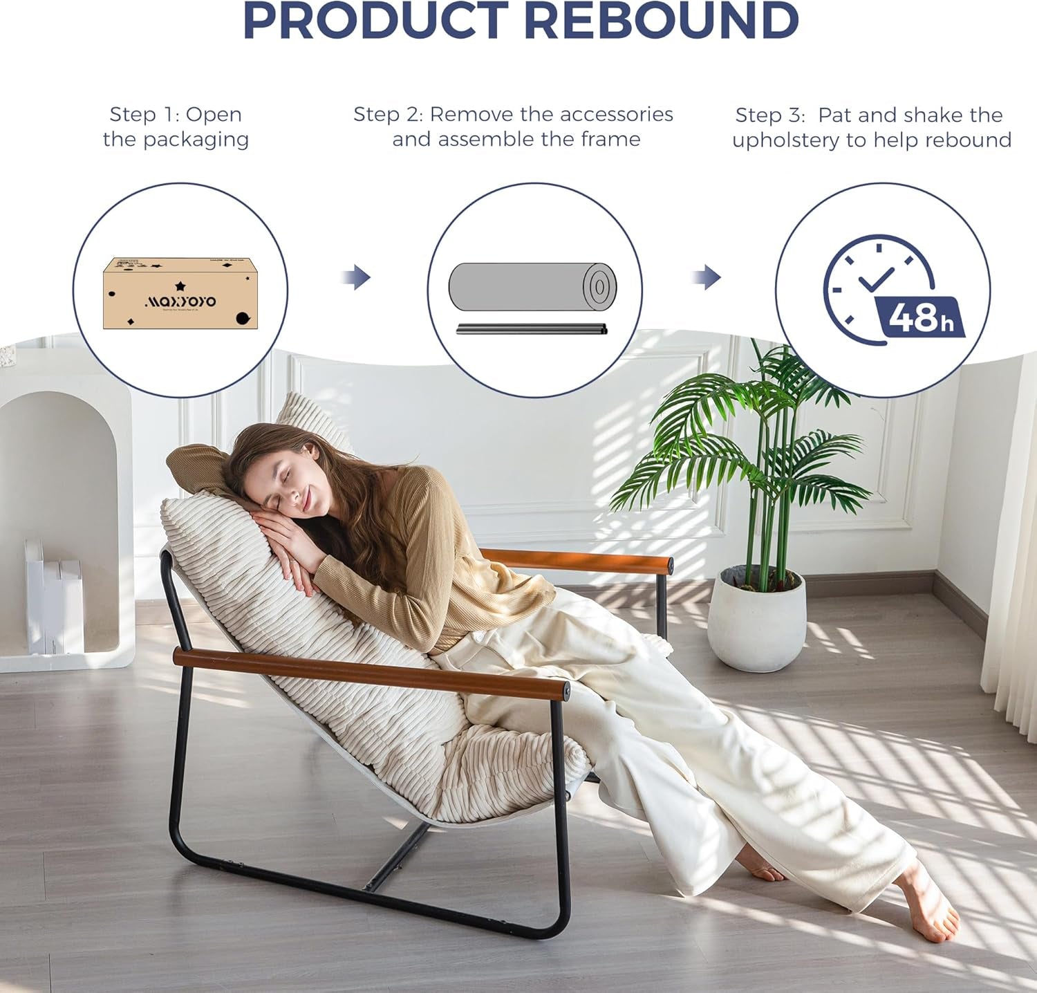 Modern Accent Chair, Comfy Living Room Chair with Metal Frame Wooden Armrest, Upholstered Armchair with Soft Cushion for Bedroom Balcony Lounge Reading Room, Beige