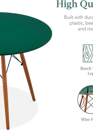 5-Piece Mid-Century Modern Dining Set Featuring Compact Table and Four Chairs in Dark Green and Walnut Finish with Plastic Seats, Wooden Legs, and Metal Frame