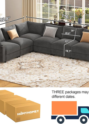 FSC Certified Velvet Oversized Grey U-Shaped Modular Sectional Sofa with Detachable Chaise and Armrest Cushions - Seats 6