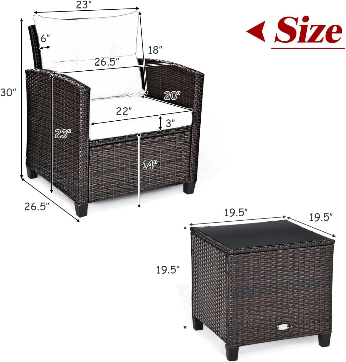 3 Pieces Patio Furniture Set, PE Rattan Wicker 3 Pcs Outdoor Sofa Set W/Washable Cushion and Tempered Glass Tabletop, Conversation Furniture for Garden Poolside Balcony (White)