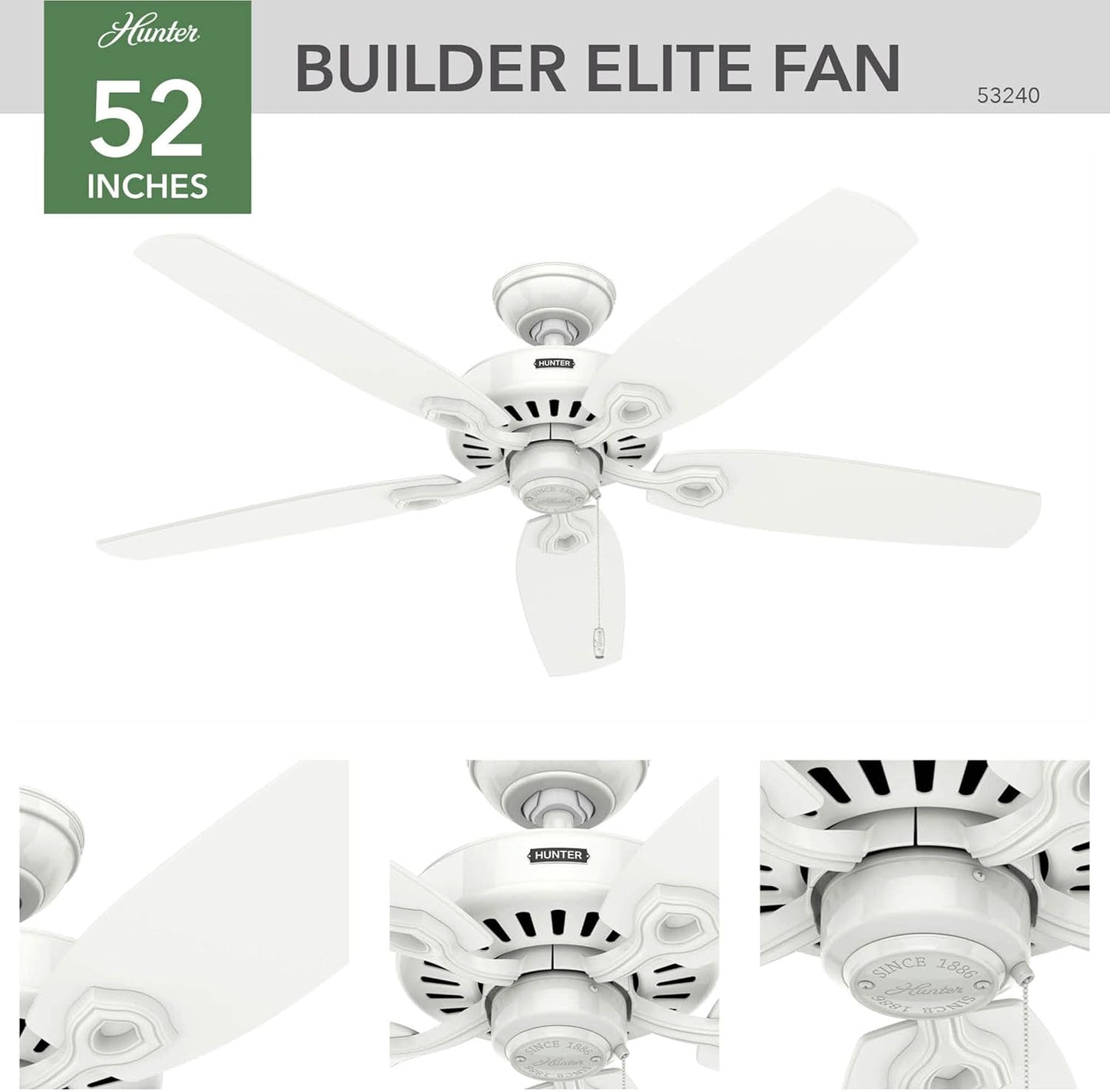 52 Inch Indoor Ceiling Fan No Light with Pull Chain - White Ceiling Fan without Light, Standard Mount, 5 Blades, for Bedroom, Living Room, or Kitchen - Builder Elite 53240, Snow White