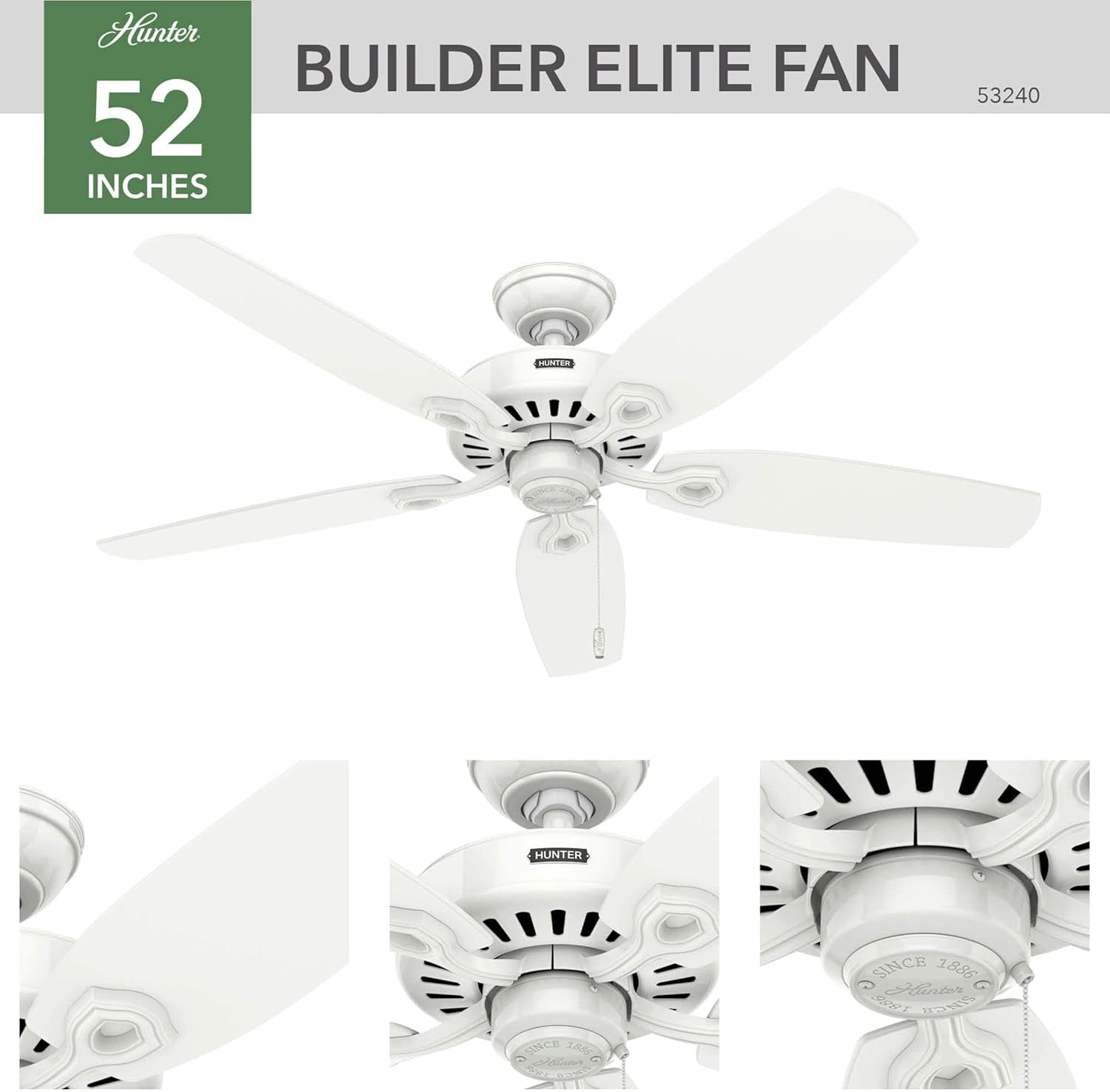52 Inch Indoor Ceiling Fan No Light with Pull Chain - White Ceiling Fan without Light, Standard Mount, 5 Blades, for Bedroom, Living Room, or Kitchen - Builder Elite 53240, Snow White