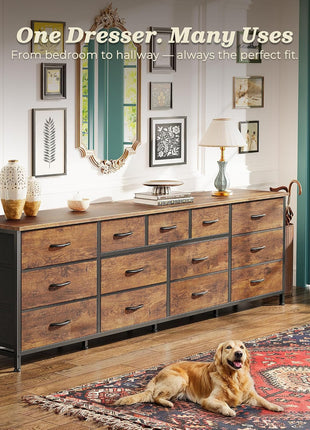 70-Inch Rustic Brown Dresser and Entertainment Center with 13 Fabric Drawers, Compatible with 65 to 80 Inch TVs