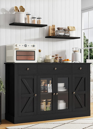 55-Inch Farmhouse Coffee Bar Cabinet with Glass Doors, Four Doors, Three Drawers, and Adjustable Shelves for Kitchen and Dining Room, Black Finish
