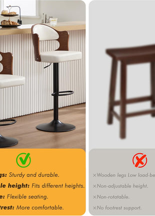 Set of 2 Adjustable 360° Swivel Bar Stools with Solid Wood Back and Footrest, Leather Counter Height Chairs for Bar, Kitchen, and Dining Room (White)