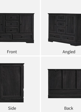 47" Modern Farmhouse Buffet Cabinet with 5 Drawers and Adjustable Shelves, Versatile Sideboard Storage for Dining Room and Kitchen, Black Finish