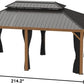 12' X 18' Outdoor Hardtop Gazebo for Patio Galvanized Steel Double Roof Permanent Canopy Teak Finish Coated Aluminum Frame Pavilion Gazebo with Netting