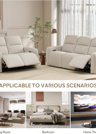3-Seater Reclining Sofa and Loveseat Set with USB and Type-C Charging Ports, Overstuffed Fabric Design for Living Room, Home Theater, and RV (Beige)