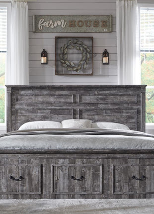Farmhouse King Size Bed Frame with 51" Tall Headboard, Wood Platform Design, 20" Tall Roman Column Footboard, and 3 Spacious Storage Drawers - No Box Spring Required (Light Grey)
