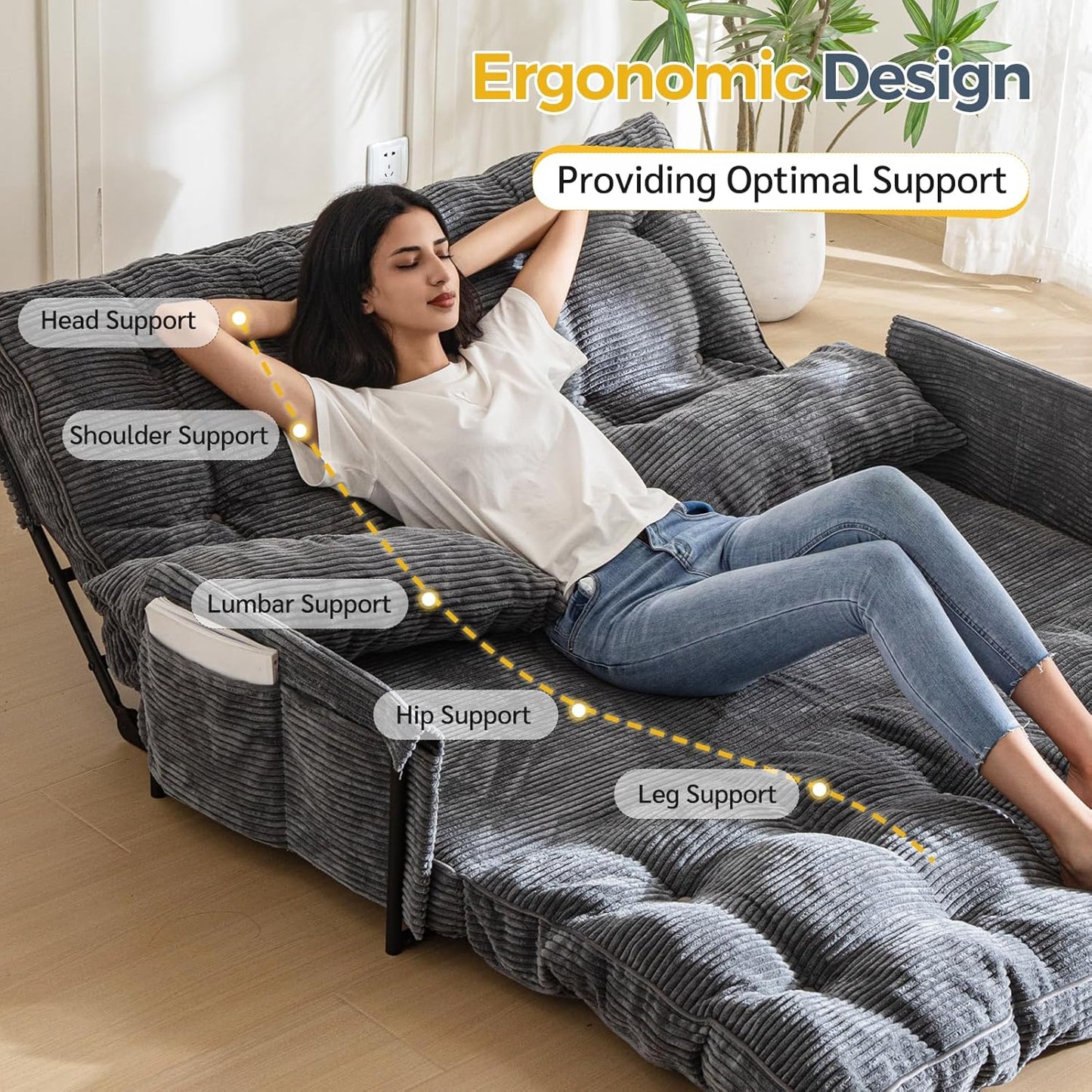 Adjustable Floor Sofa Couch with 2 Pillows, Multi-Functional Bean Bag Bed, 5-Position Foldable Lazy Sofa Sleeper Bed with Armrest, Versatile Floor Seating for Reading, Dark Grey, Double
