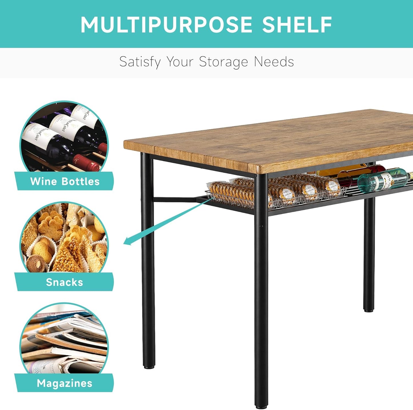 5 Piece Dining Table Set for 4, Kitchen Table and Chairs for 4 with Storage Rack, Metal and Wood Rectangular Dining Room Table Set for Kitchen, Dining Room, Dinette, Rustic Brown