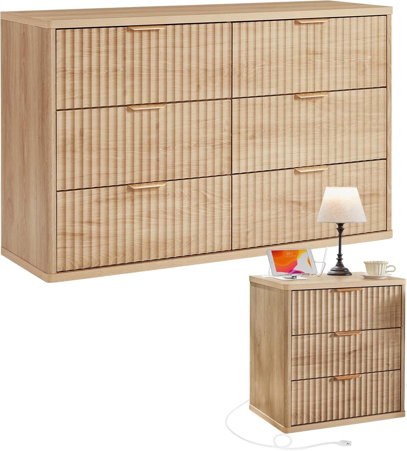 Fluted Dresser and Nightstand Sets, Wood 48" Wide Dresser & 23" Night Stand with Charging Station, 2 Piece Bedroom Furniture Set, Chest of Drawers for Bedroom, Home, Living Room,Wood