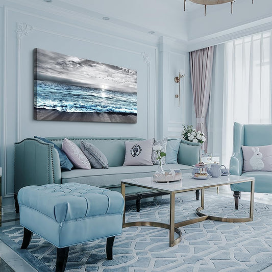 Large Canvas Wall Art for Living Room & Bedroom Decor - Black & White Blue Sea Wave Pictures - Framed Beach Posters