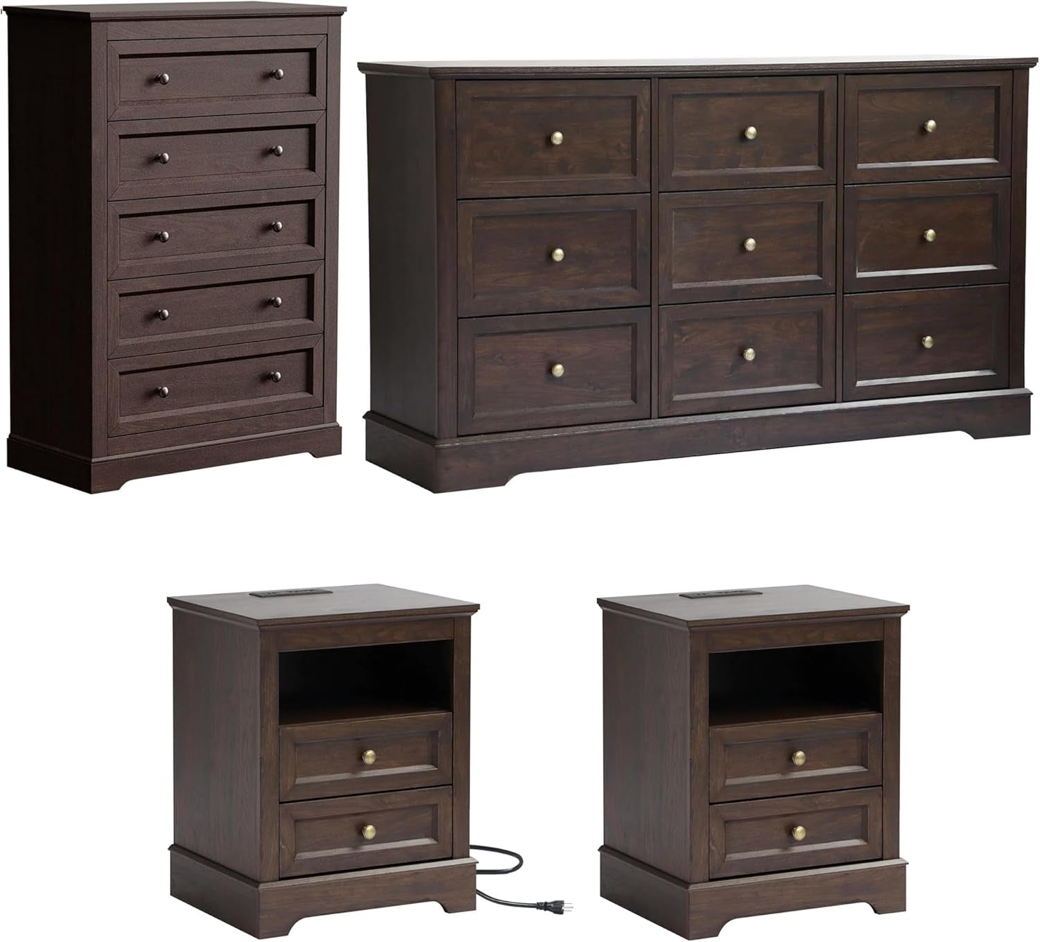 Farmhouse Bedroom Sets of 4, 4Pcs Farmhouse Dresser Set，Including 9 Drawer Dresser, 5 Drawer Dressers and Nightstand Set of 2 with Charging Station (Brown Sets, 4 Pieces)