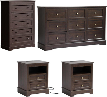 Farmhouse Bedroom Sets of 4, 4Pcs Farmhouse Dresser Set，Including 9 Drawer Dresser, 5 Drawer Dressers and Nightstand Set of 2 with Charging Station (Brown Sets, 4 Pieces)