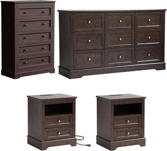 Farmhouse Bedroom Sets of 4, 4Pcs Farmhouse Dresser Set，Including 9 Drawer Dresser, 5 Drawer Dressers and Nightstand Set of 2 with Charging Station (Brown Sets, 4 Pieces)