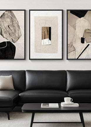Large Framed Neutral Abstract Wall Art Set - 3-Piece Modern Canvas Prints for Living Room, Hallway, Staircase, and Office Decor - Black and Beige Artwork, 24x36 Inches