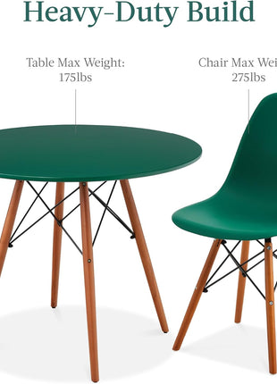 5-Piece Mid-Century Modern Dining Set Featuring Compact Table and Four Chairs in Dark Green and Walnut Finish with Plastic Seats, Wooden Legs, and Metal Frame