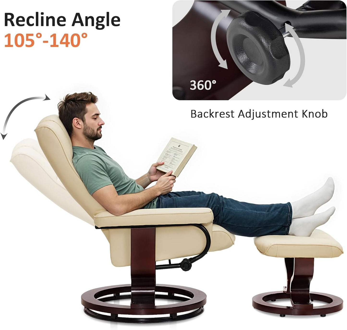 Manual Swivel Recliner with Ottoman, Chair Ottoman Set for RV Small Spaces, Living Room, Bedroom, Office 9019 4919 (Faux Leather, Cream White)
