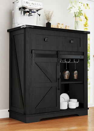 32-Inch Farmhouse Coffee Bar Cabinet with Sliding Barn Door and Drawers, Buffet Table with Storage, Kitchen Sideboard with Wine Glass Rack for Living and Dining Room, Black