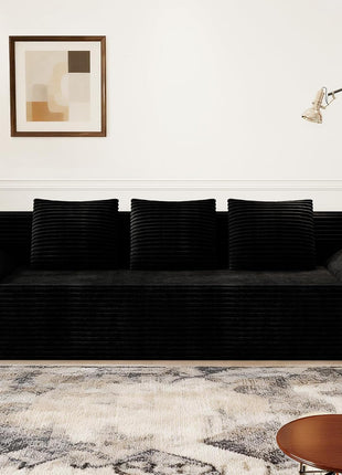 71-Inch Modern Corduroy Sofa with Deep Seats and 3 Lumbar Pillows, Compressed Design for Living Room, Office, or Apartment, No Assembly Required, Curved Armrests (Black)