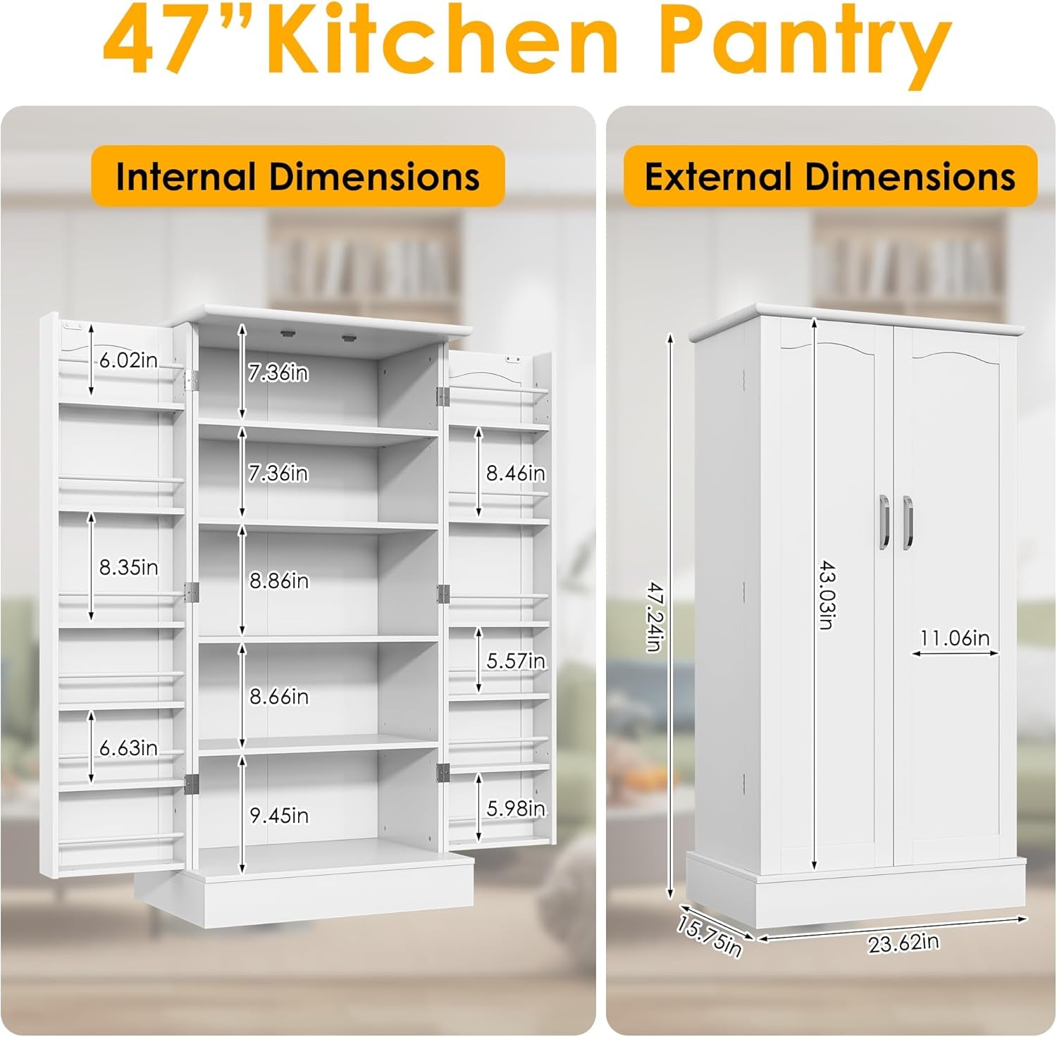 47” Pantry Cabinet, Kitchen Pantry Storage Cabinet with Doors and Adjustable Shelves,Freestanding Buffet Cupboards Sideboard for Living Room and Dinning Room (White)