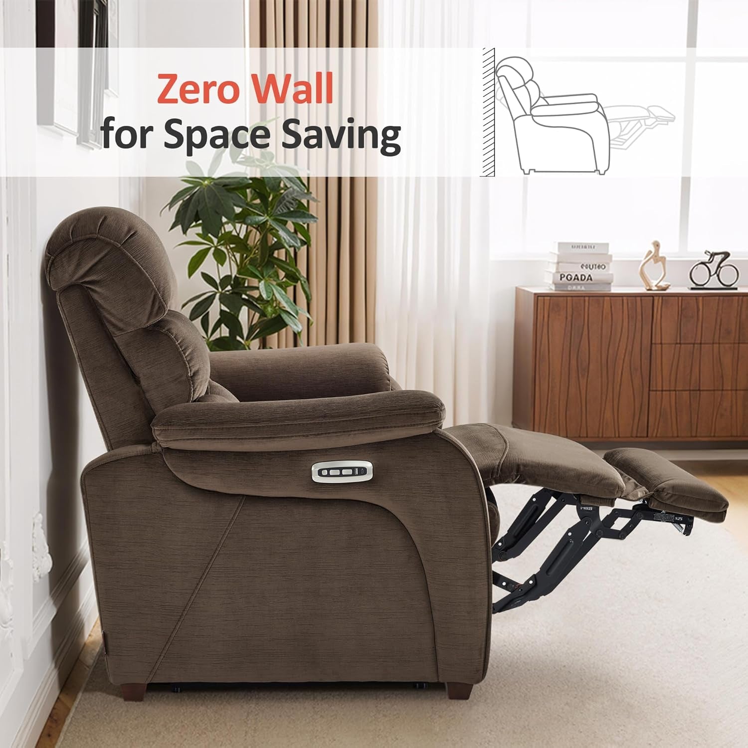 61.6'' Wall Hugger Power Loveseat Recliner, Reclining Loveseat with Adjustable Headrest, USB Charge Ports, Wood Legs for Living Room, Rvs, Small Spaces, Fabric ST258M1 (Loveseat, Coffee)