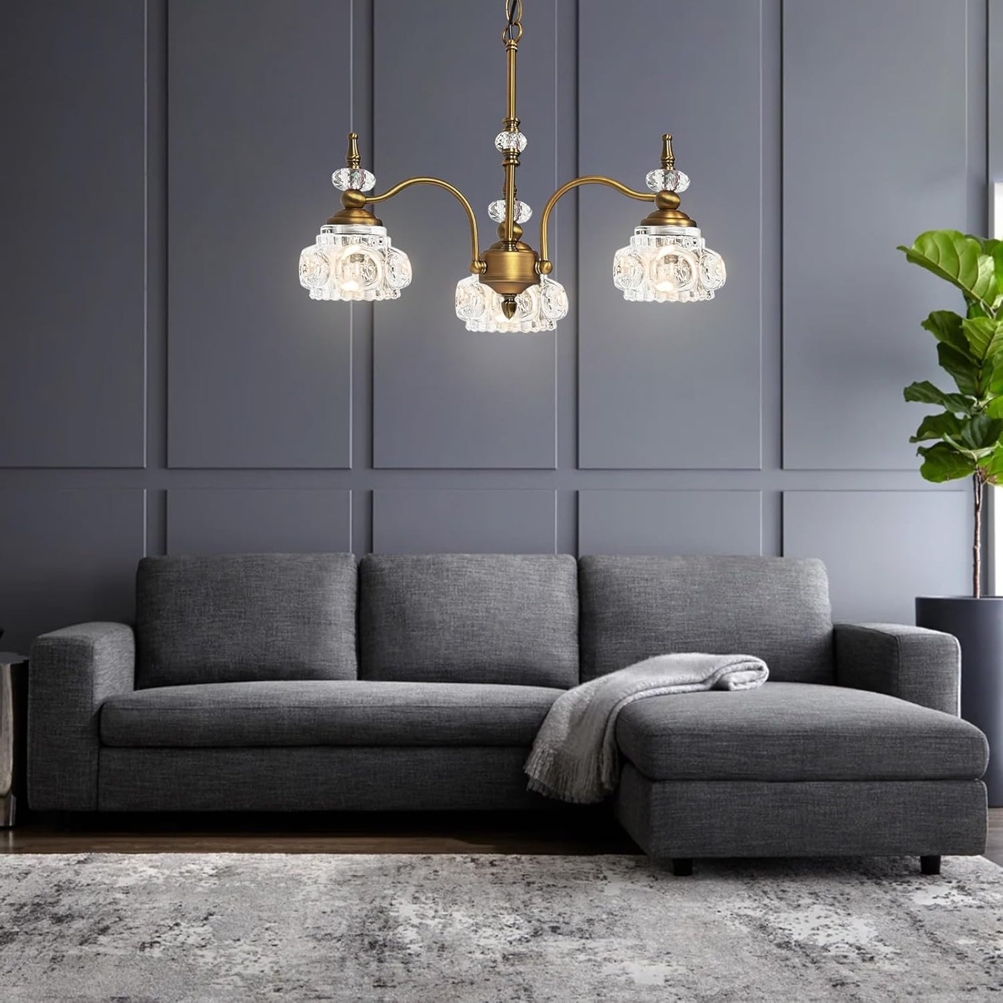 Vintage Brass Pendant Light,Gold Vintage Chandelier Light Fixture 3 Lights,Include 4 Light Bulbs Glass Pendant Light Crystal Hanging Light