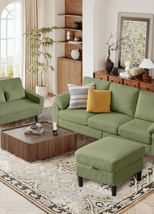 Elevate Your Living Space with Our Elegant 3-Piece Corduroy Sectional Sofa Set, Featuring a Contemporary L-Shaped Design, Removable Cushions, and a Sophisticated Storage Ottoman.