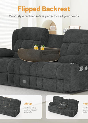 Gray Loveseat Recliner Sofa with Flip Middle Backrest, Storage Drawer, USB Ports, and Cup Holders - Manual 3-Seat Couch for Living Room or RV