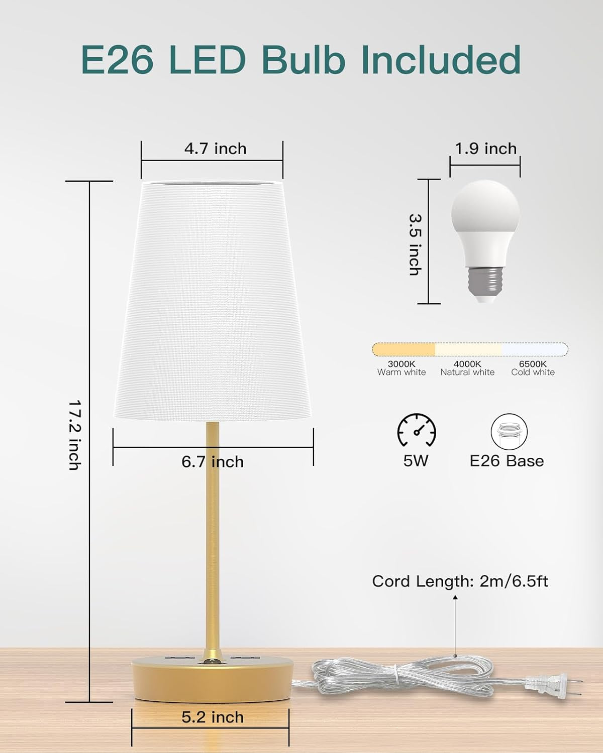 Bedside Table Lamp for Bedroom, 3-Way Dimmable Lamp with AC Outlet and USB C Charging Ports(Pd 20W), Lamps with Shade for Night Stands, Living Room, Desk, and Home Office