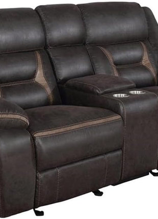 3-Piece Dark Brown Faux Leather Motion Living Room Set with Reclining Sofa, Glider Loveseat with Console, and Glider Recliner with Built-In Cup Holders, Storage, and Power Outlets