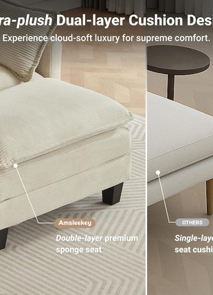 Modular L-Shaped Corduroy Sectional Sofa, 76.5" 2-Seater with Movable Ottoman, Modern Deep Seat Couch for Living Room (Beige)