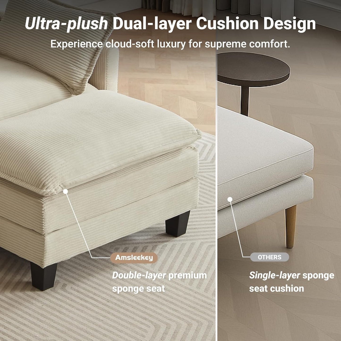 Modular Sectional Sofa, 111.5" U-Shaped Corduroy Comfy Sectional Couches for Living Room, 3-Seater Cloud Couches with 2 Movable Ottomans, Flexible Combination Modern Deep Seat Sofa (Beige)