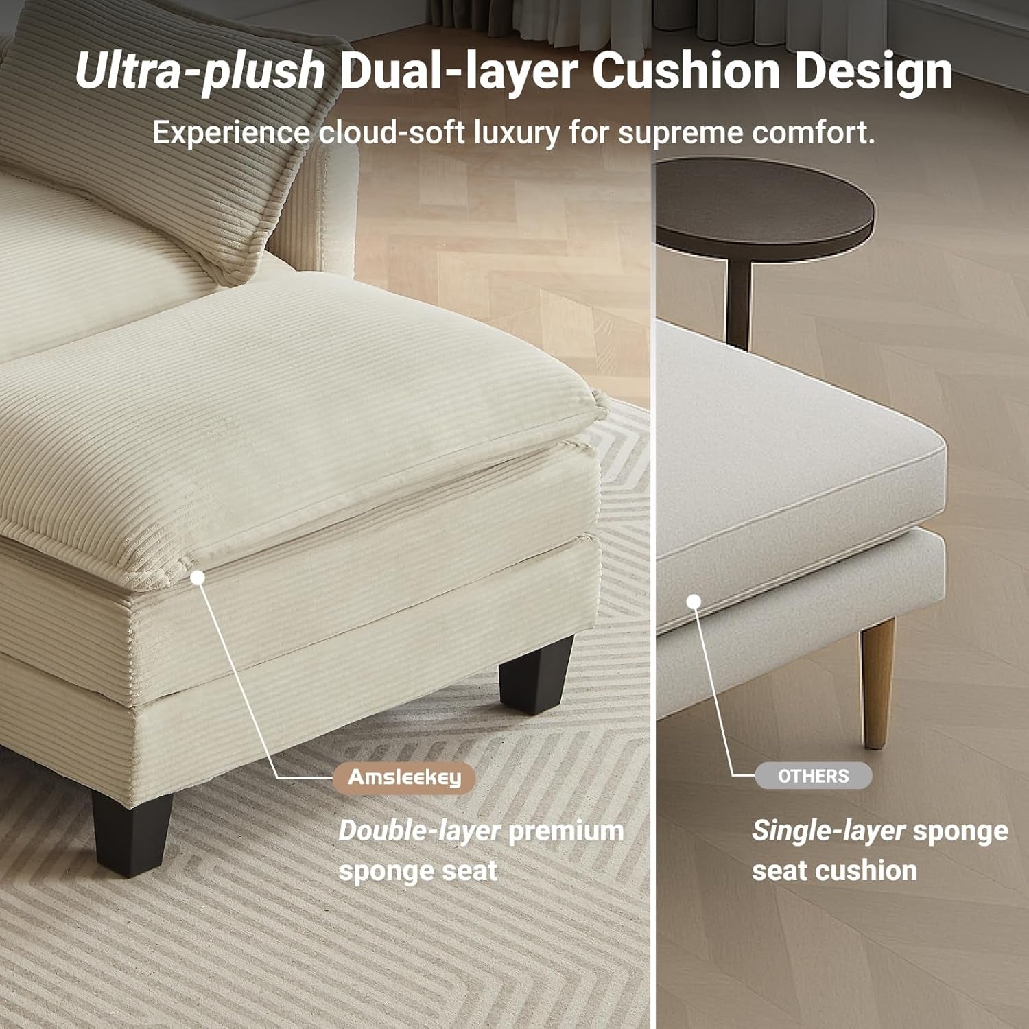 Modular Sectional Sofa, 111.5" U-Shaped Corduroy Comfy Sectional Couches for Living Room, 3-Seater Cloud Couches with 2 Movable Ottomans, Flexible Combination Modern Deep Seat Sofa (Beige)