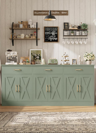 71" Large Farmhouse Sideboard Buffet Cabinet with Storage, Featuring 3 Drawers, Ideal for Kitchen and Dining Room Use, Green Finish