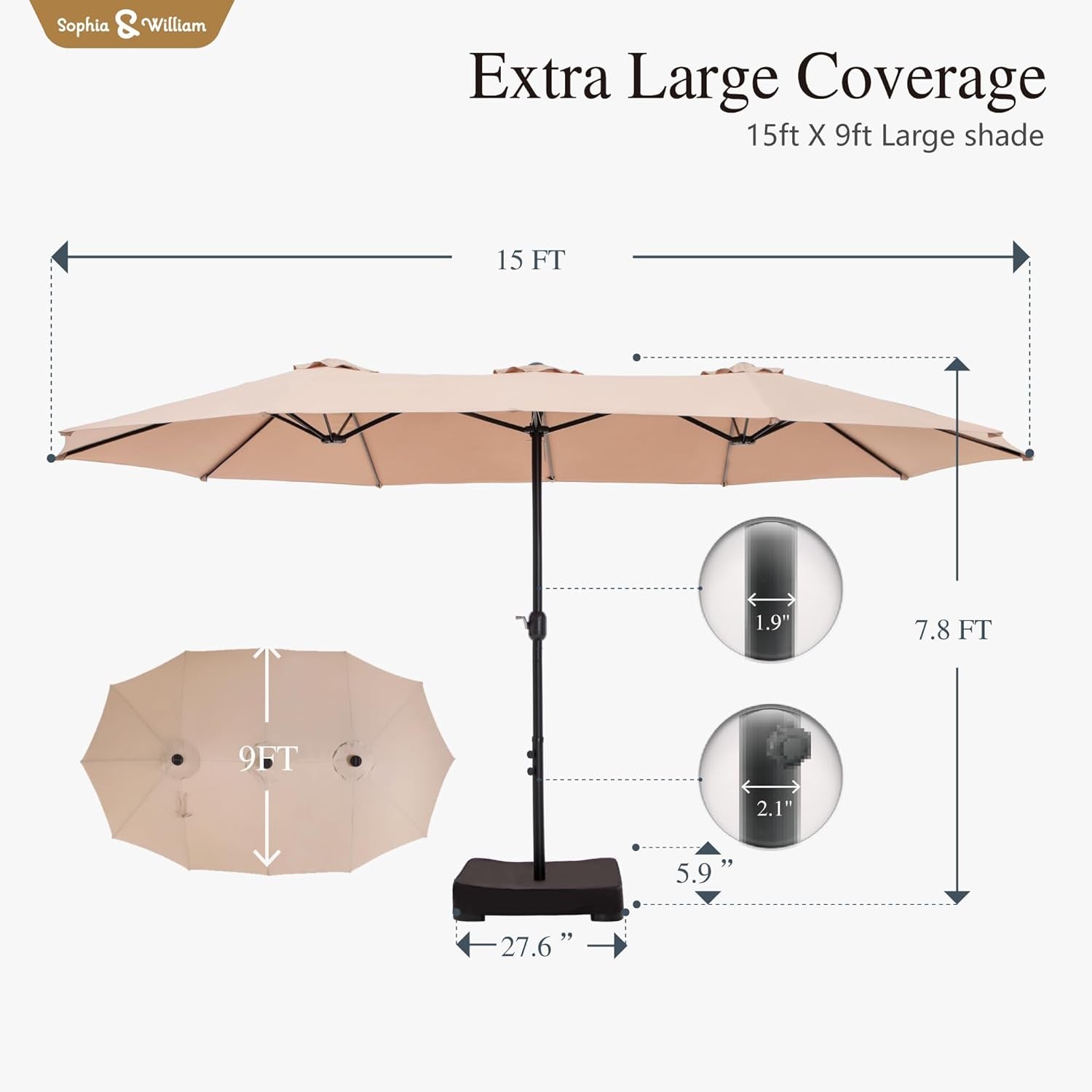 15 Ft Extra Large Patio Umbrella with Base Included, Rectangular Outdoor Umbrella Heavy Duty, Market Umbrella Double-Sided Fade Resistant for Pool Garden Backyard, Beige